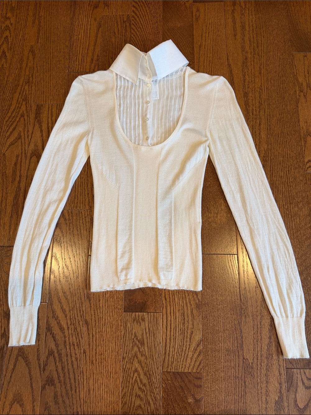 CHANEL Cream Button-Front Scoop Neck Long Sleeve Top